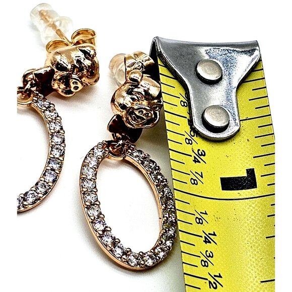 Whimsical Pig Face Rhinestone Hoop Earrings – Gold Tone with Red Bow Tie - Picture 9 of 9